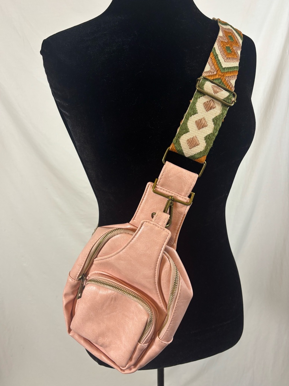 Pink Faux Leather Sling Bag Boho Woven Strap Crossbody Festival Cottagecore
